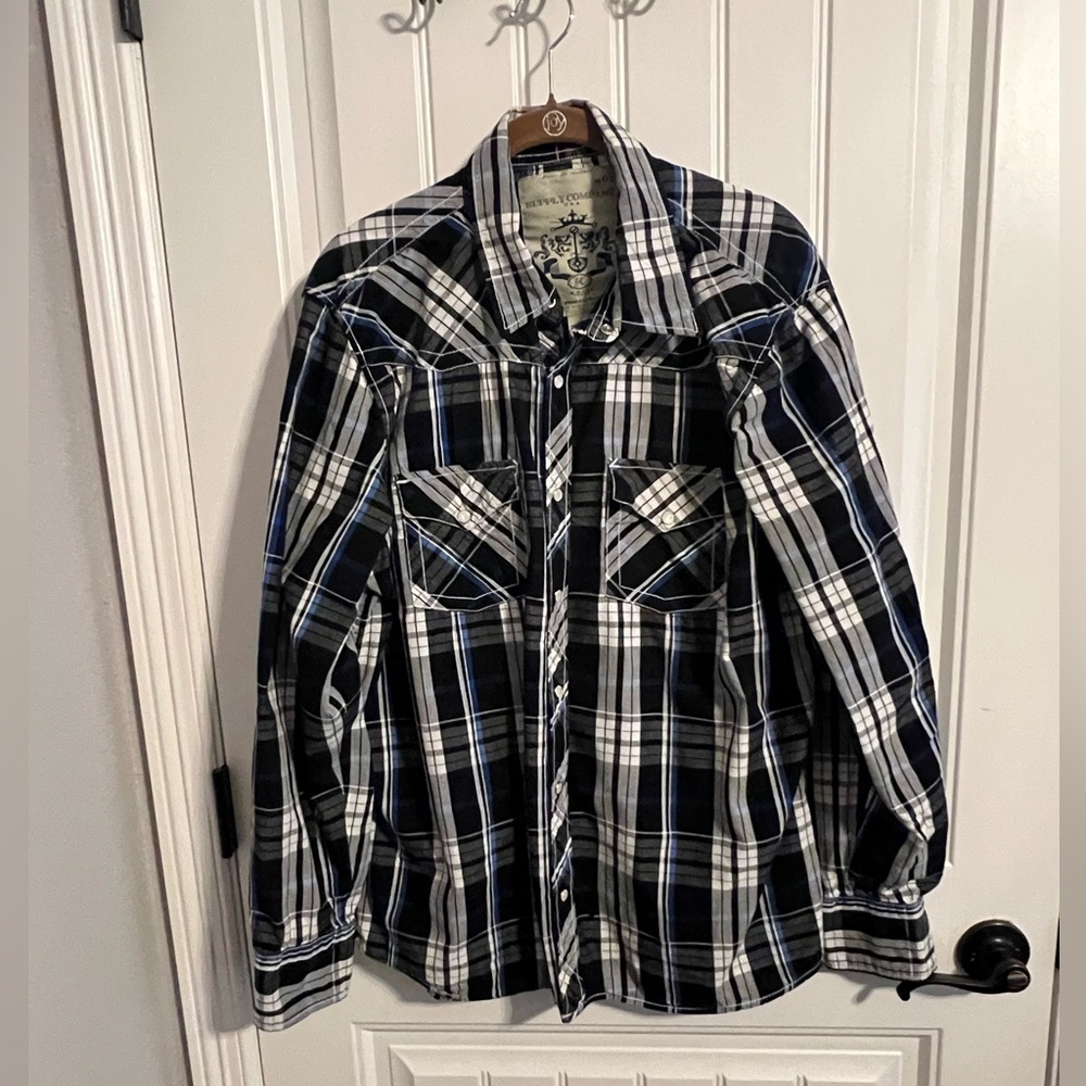 #1900. Supply Company USA Men's Black Plaid Pearl Snap Western Shirt. Size XL